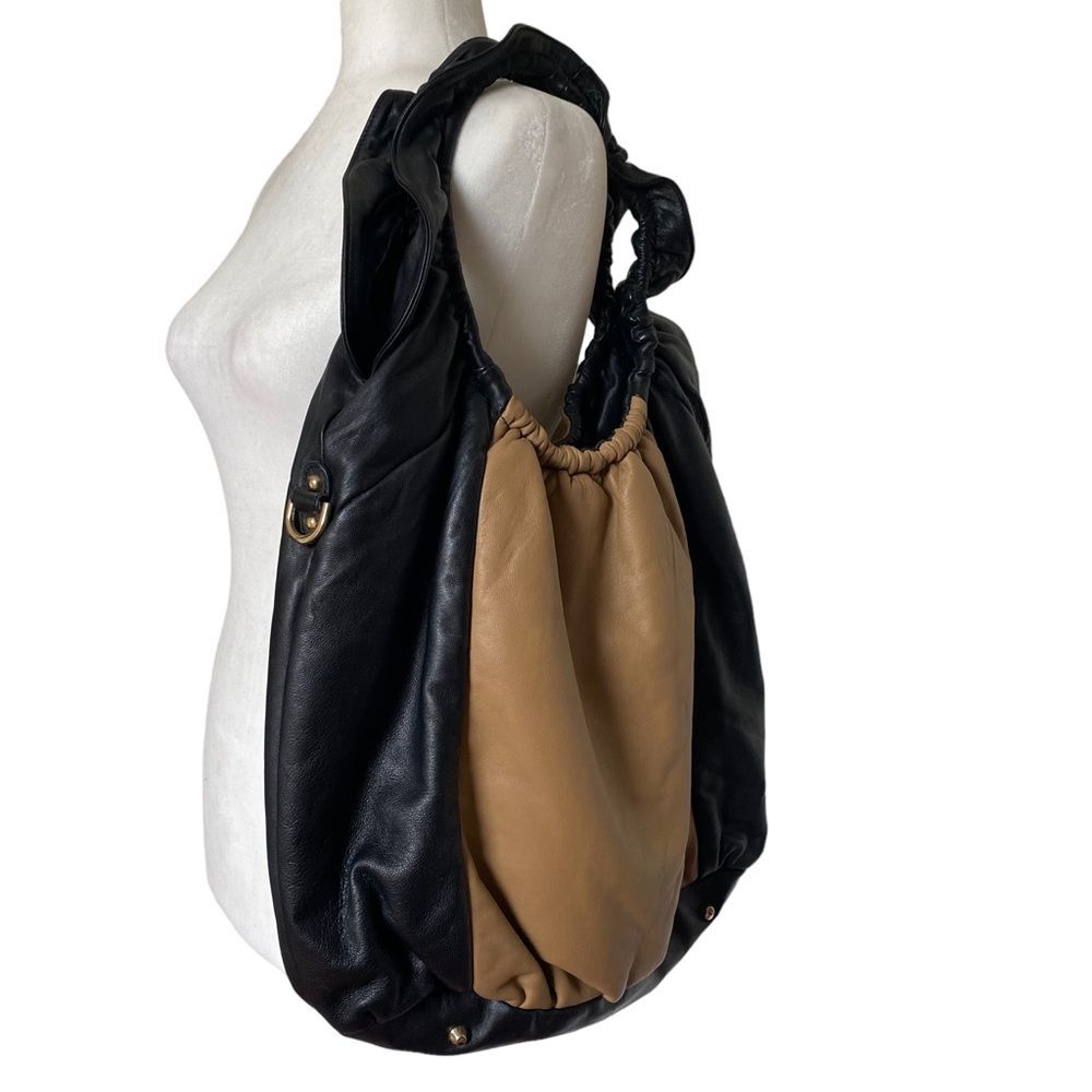 Be & D Large Supple Leather Ruffle Handle Slouchy Hobo Tote Bag Black Tan